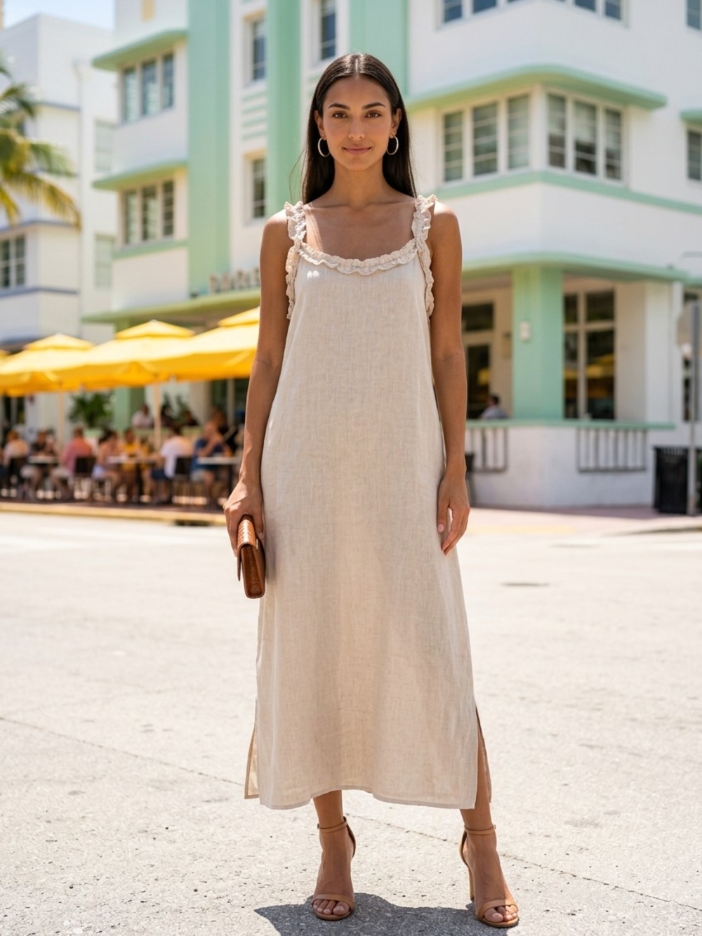 Ruffle-Trim Linen Maxi Dress in Natural